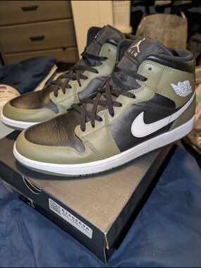 Jordan Mid Sneakers - Olive Green, Black, White Men's Size 12.5